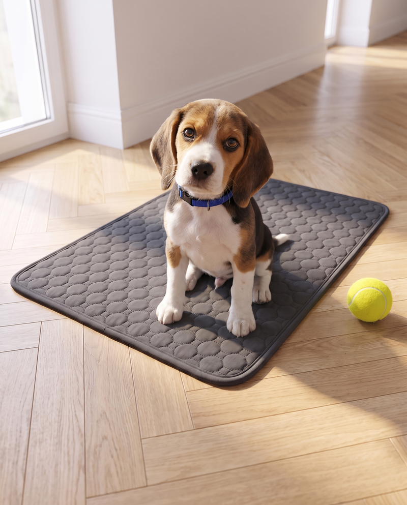 Cucciolo di beagle seduto sul tappetino