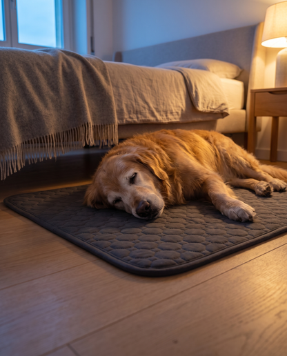 Golden retriever che riposa sul tappetino grande accanto al letto