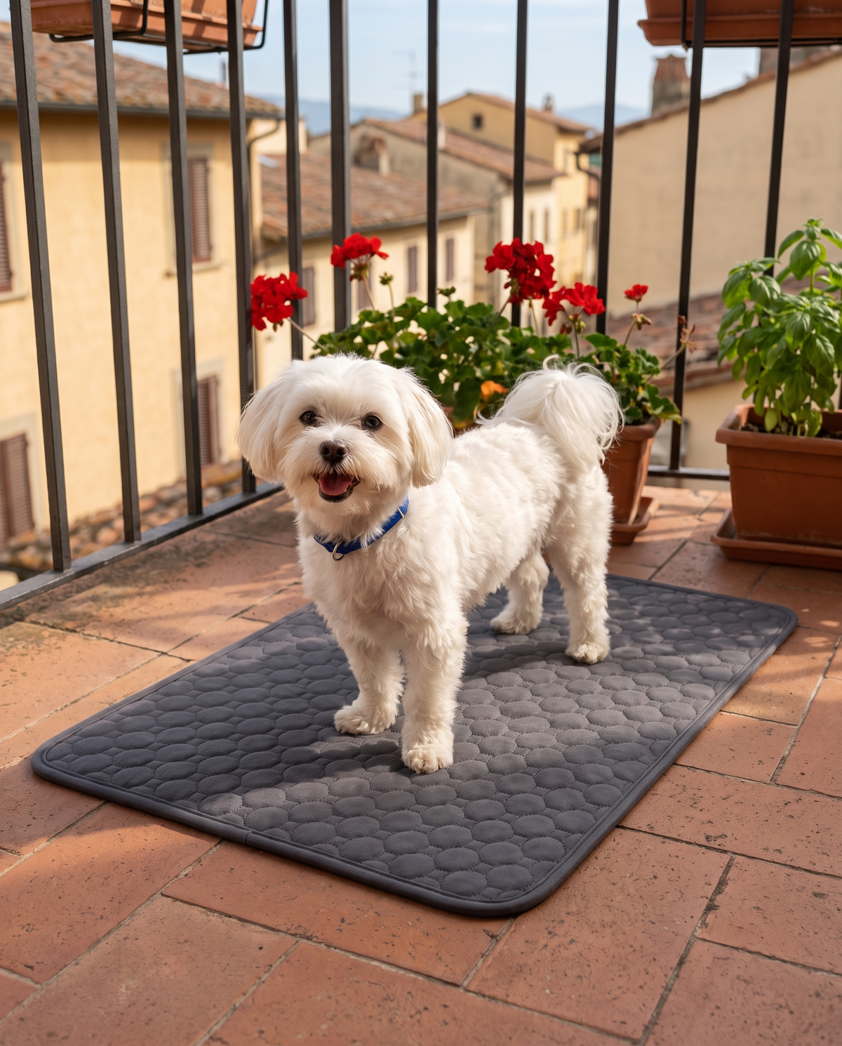 Maltese sul tappetino in un balcone con gerani