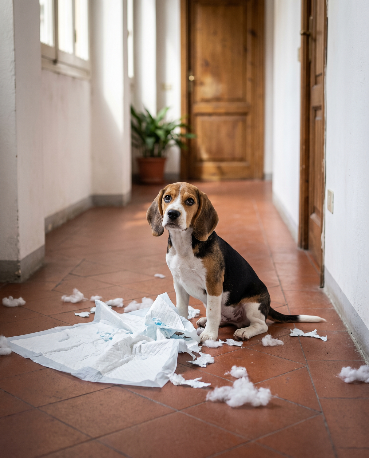Cucciolo di beagle accanto a una traversina usa e getta strappata