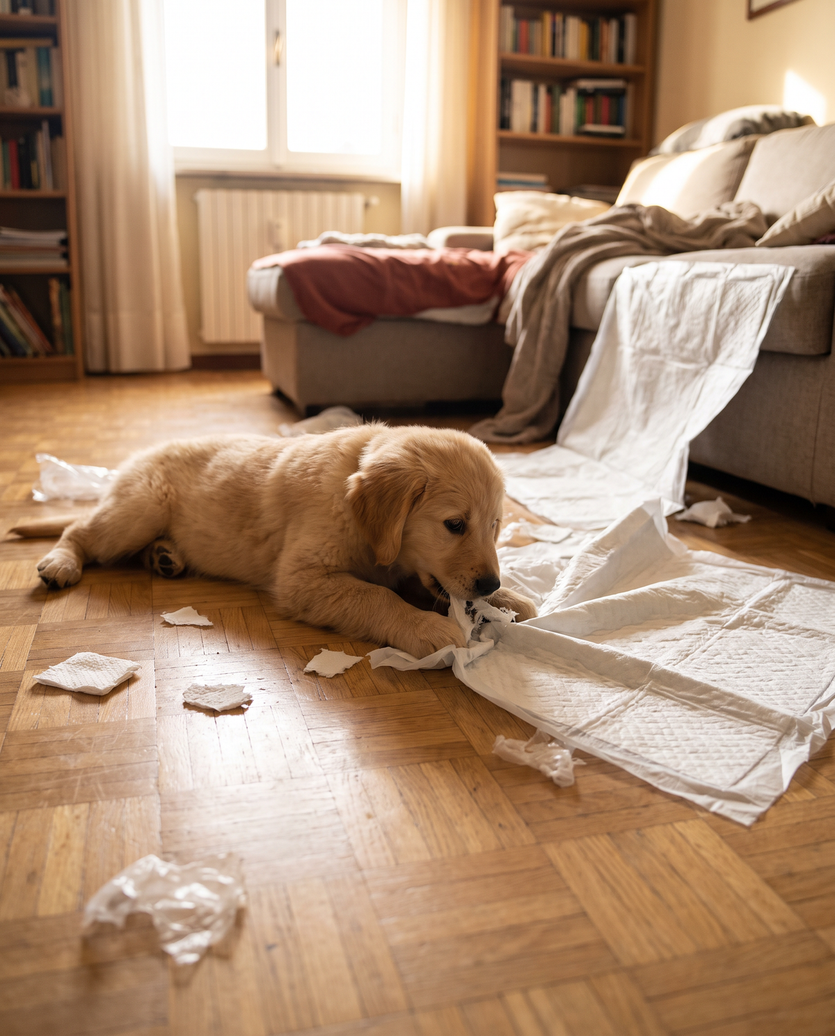 Cucciolo di golden retriever che strappa una traversina usa e getta